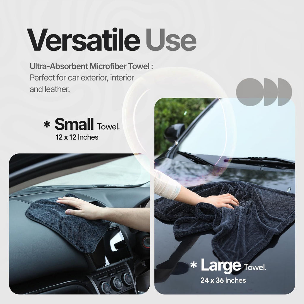 Extra Large Pack of 2 Double Twisted Loop Quick-Drying Towel | 24X36 Inches 1400GSM And 12X12 Inches | High Absorbency | Leaving No Streaks | Designed for Car Detailing