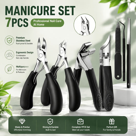 Nail Clipper Kit 7 Piece Heavy Duty for Men Professional Stainless Steel Thick Toenail Care Set – Nail File Cuticle Clipper Ergonomic Black Handle, Complete Manicure Pedicure Foot Care Tools