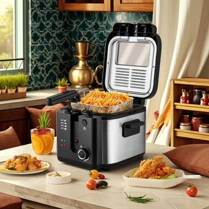Deep Fryer with Basket 1500W | Adjustable Temperature, Removable Lid & Non-Stick Interior Pot, Viewing Window, Dishwasher-Safe Basket for Home Electric Frying – 1.5L & 2.5L Options, Black