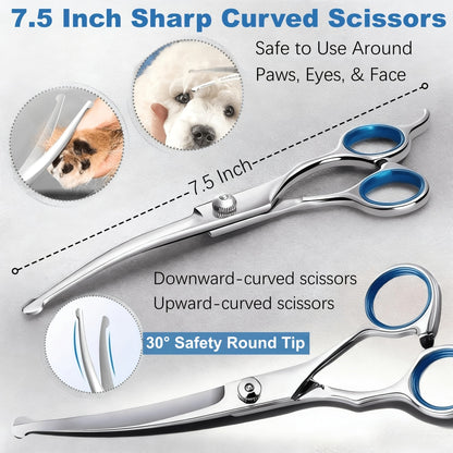 Dog Grooming Scissors Set 7-in-1 Professional Ceramic Coated Stainless Steel Safety Round Tip Straight Thinning Curved Scissors Comb Kit for Dogs Cats