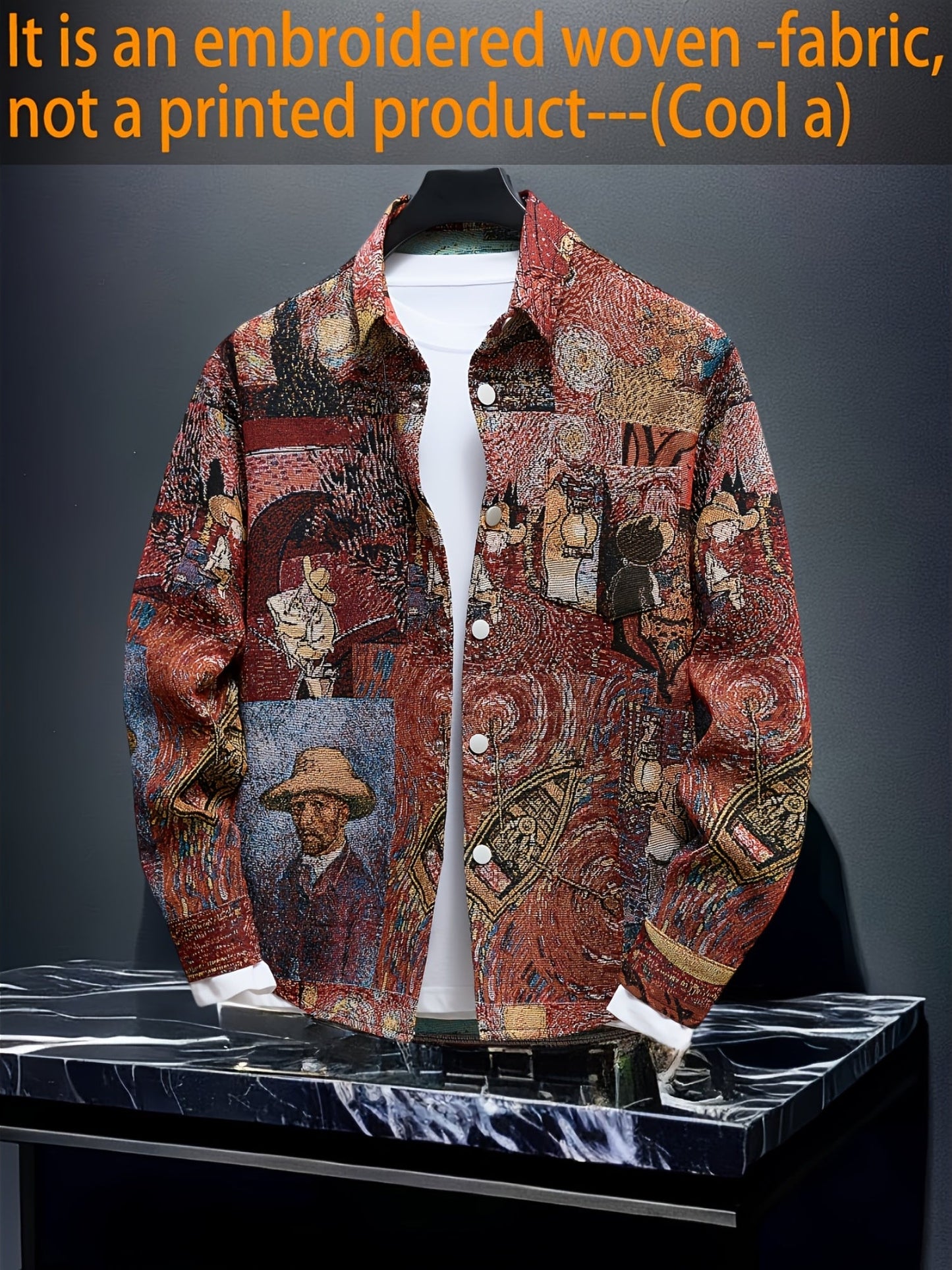 Men's Art Print Slim Fit Long Sleeve Dress Shirt - Stretch
