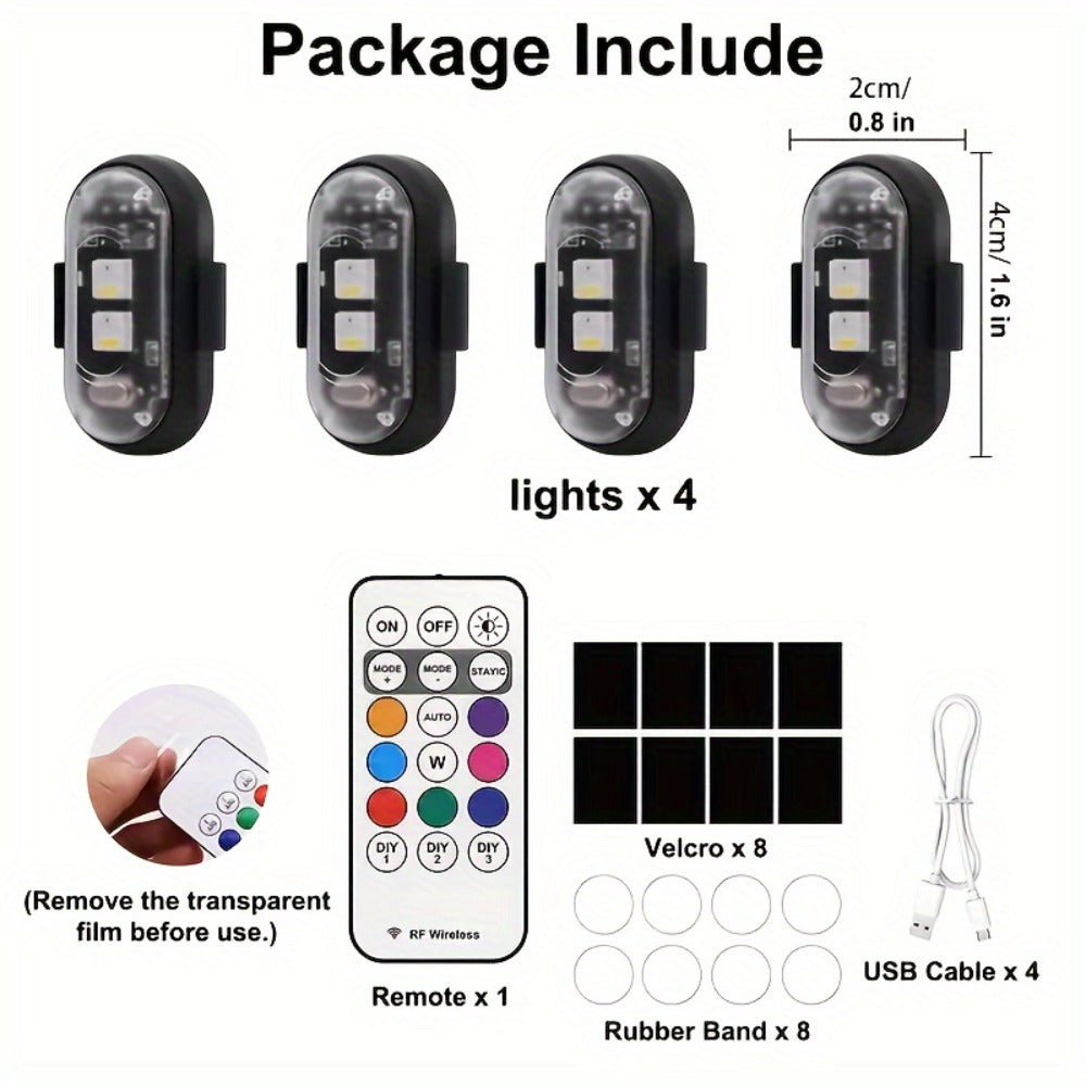 Wireless LED Strip Lights 8-Color 4pcs / 6pcs – Remote Control USB Rechargeable Waterproof Anti-Collision Light for Car Motorcycle Bike Drone Aircraft