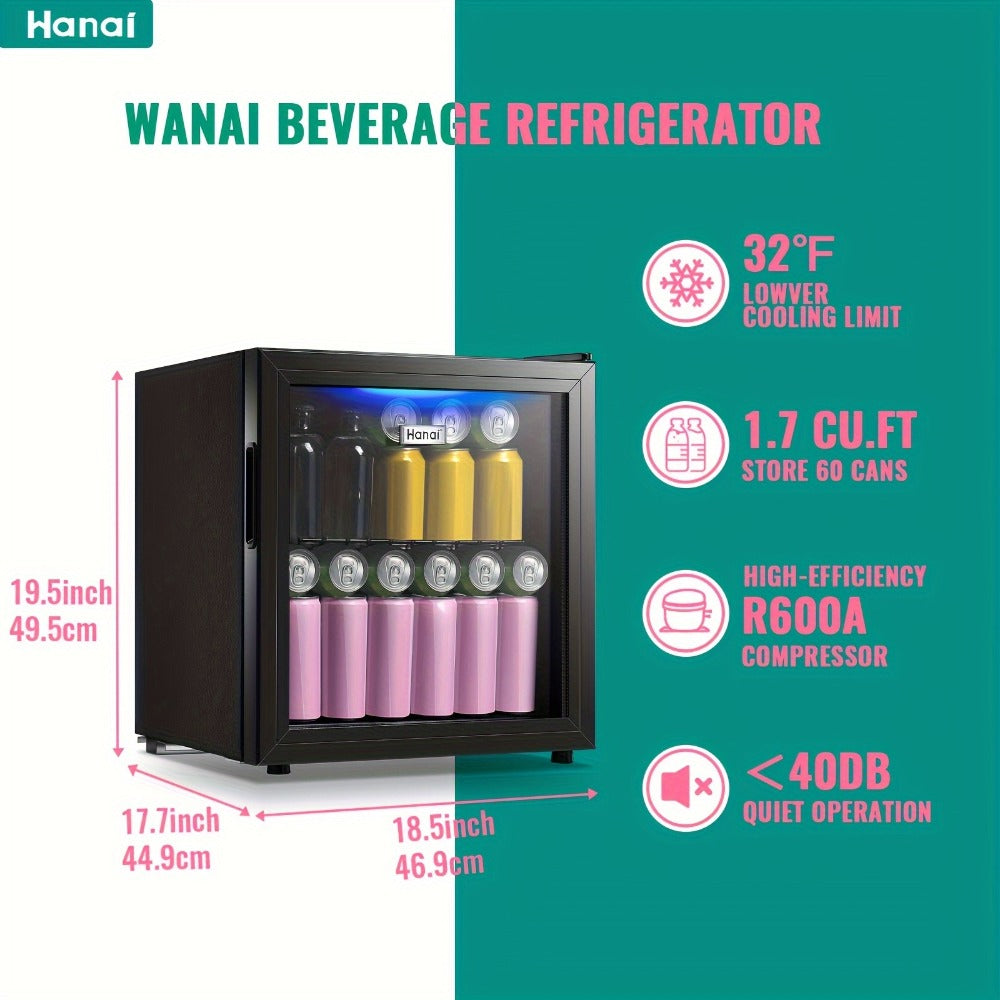 Beverage Refrigerator with Glass Door, Mini Drink Cooler Fridge with Blue LED Light, 3 Adjustable Shelves & R600a Compressor – 1.7 or 3.5 Cu Ft Freestanding Bar Fridge for Home, Office, Dorm and Bar