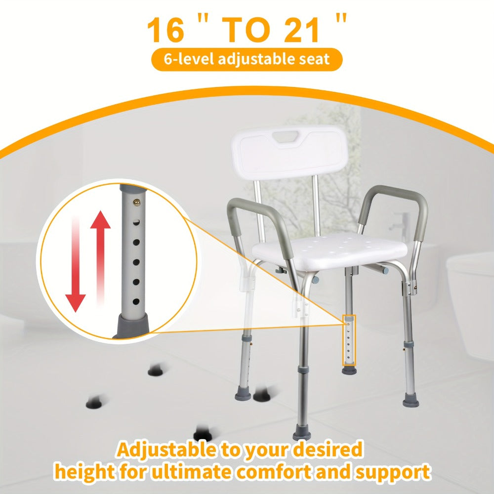 Shower Chair with Armrests & Backrest – Height Adjustable Aluminum Bath Seat, 350 LBS Capacity, Non-Slip Rubber Feet, Cushioned Support for Elderly, Disabled & Post-Surgery, Fits Most Showers & Tubs