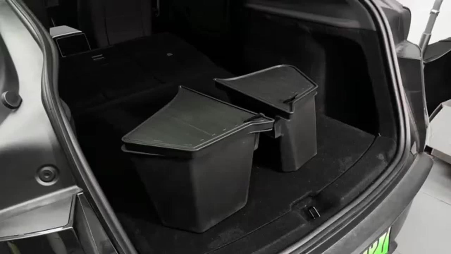 Tesla Model Y Juniper 2025 Trunk Side Storage Box with Lid – Left & Right TPE Cargo Organizer, Scratch-Resistant, Heavy-Duty Trunk Accessories, Black