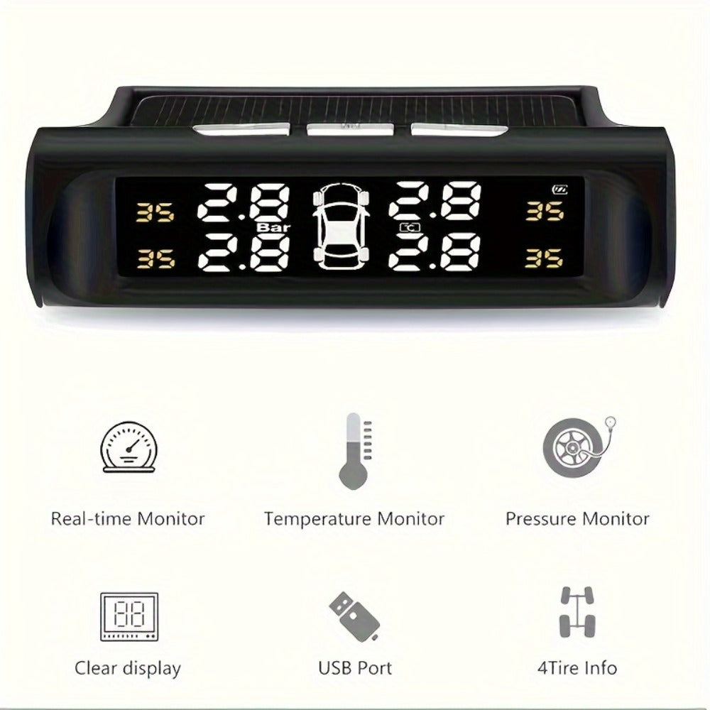 TPMS Tire Pressure Monitor Solar & USB Powered – Real-Time LCD Display, 6-Mode Auto Alarm, Windshield Mount, Day & Night Readable, SCBLAZE Car Tire Pressure Monitoring System