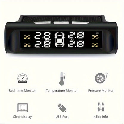 TPMS Tire Pressure Monitor Solar & USB Powered – Real-Time LCD Display, 6-Mode Auto Alarm, Windshield Mount, Day & Night Readable, SCBLAZE Car Tire Pressure Monitoring System