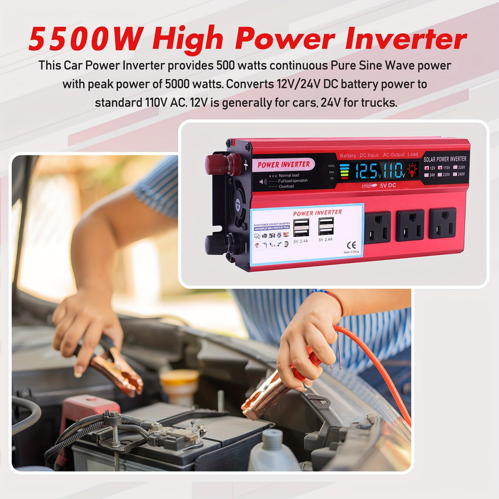 5500W Peak Power Inverter, Car Pure Sine Wave Inverter DC 12V to AC 110V, with LCD Digital Display And 4 USB Ports, 3 US Sockets, Fast Charging for Vehicles Trucks Rvs And Outdoor, Without Battery