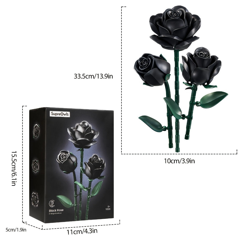Black Rose Building Blocks Set 152 Pieces – 3 Gothic Artificial Flower Bouquet Brick Model Kit for Adults Teens, Unique Display Decor Gift for Valentine Birthday Anniversary Halloween Christmas