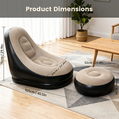 Inflatable Recliner Sofa with Footstool Set - Heavy Duty Portable Folding Air Couch with Plush Fabric & Pump Included, Space-Saving Indoor Outdoor Lounge Chair for Camping, Backyard, Living Room & Travel, 6 Colors Available