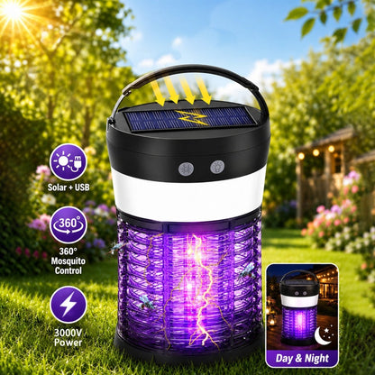 Solar Bug Zapper Electric 3-in-1 – 3000V UV 365nm Mosquito Killer Rechargeable Insect Fly Trap with White Light & Flashlight, 2100 Sq Ft Coverage for Indoor Outdoor Home Patio Backyard Camping – Black