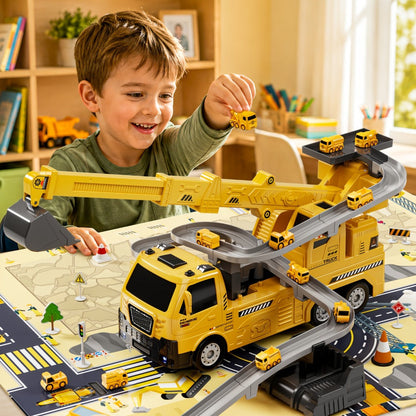 3-in-1 Crane Excavator & Racing Track Toy Set for Kids Ages 3+ – Construction Vehicle Playset with Lights & Sounds, 8 Cars Included, STEM Birthday Christmas Gift for Boys Toddlers
