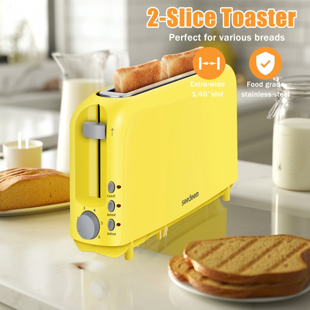 Slim Toaster 2-Slice Long Slot – 1.45" Wide Slot, 6 Shade Settings, Cancel/Reheat/Defrost, 750W, Removable Crumb Tray | 6 Colors