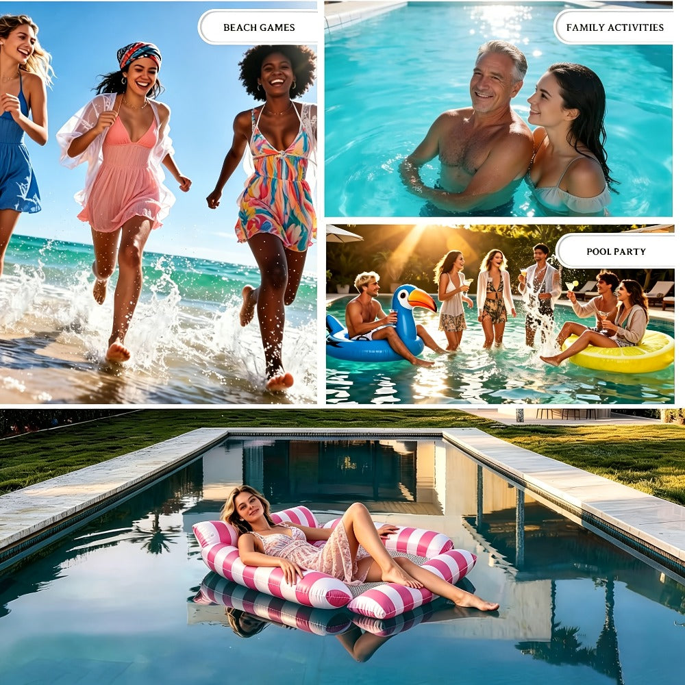 Inflatable Pool Float for Adults – Cooling Mesh Striped Swim Ring 110cm Floating Bed Chair, 2 or 3 Piece Set for Pool Beach Lake Summer Vacation