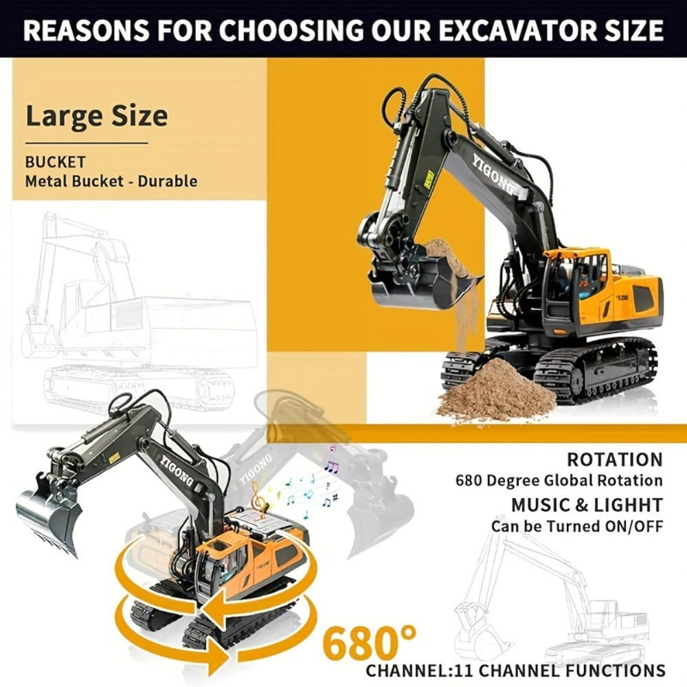 Remote Control Excavator Toy Set for Kids with Metal Shovel Bucket LED Lights & 1200mAh Rechargeable Battery – 2.4GHz RC Construction Vehicle for Boys Ages 6+, Birthday Christmas Gift, Multi-Vehicle Options