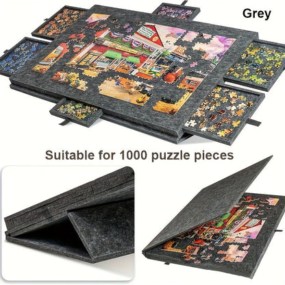 Large Puzzle Board for 1000 Piece Puzzles with 6-Drawer Sorting System – Foldable Jigsaw Table with Built-In Stand, Protective Cover & Tile Storage, Portable Puzzle Workstation for Adults (Gray / Light Gray)
