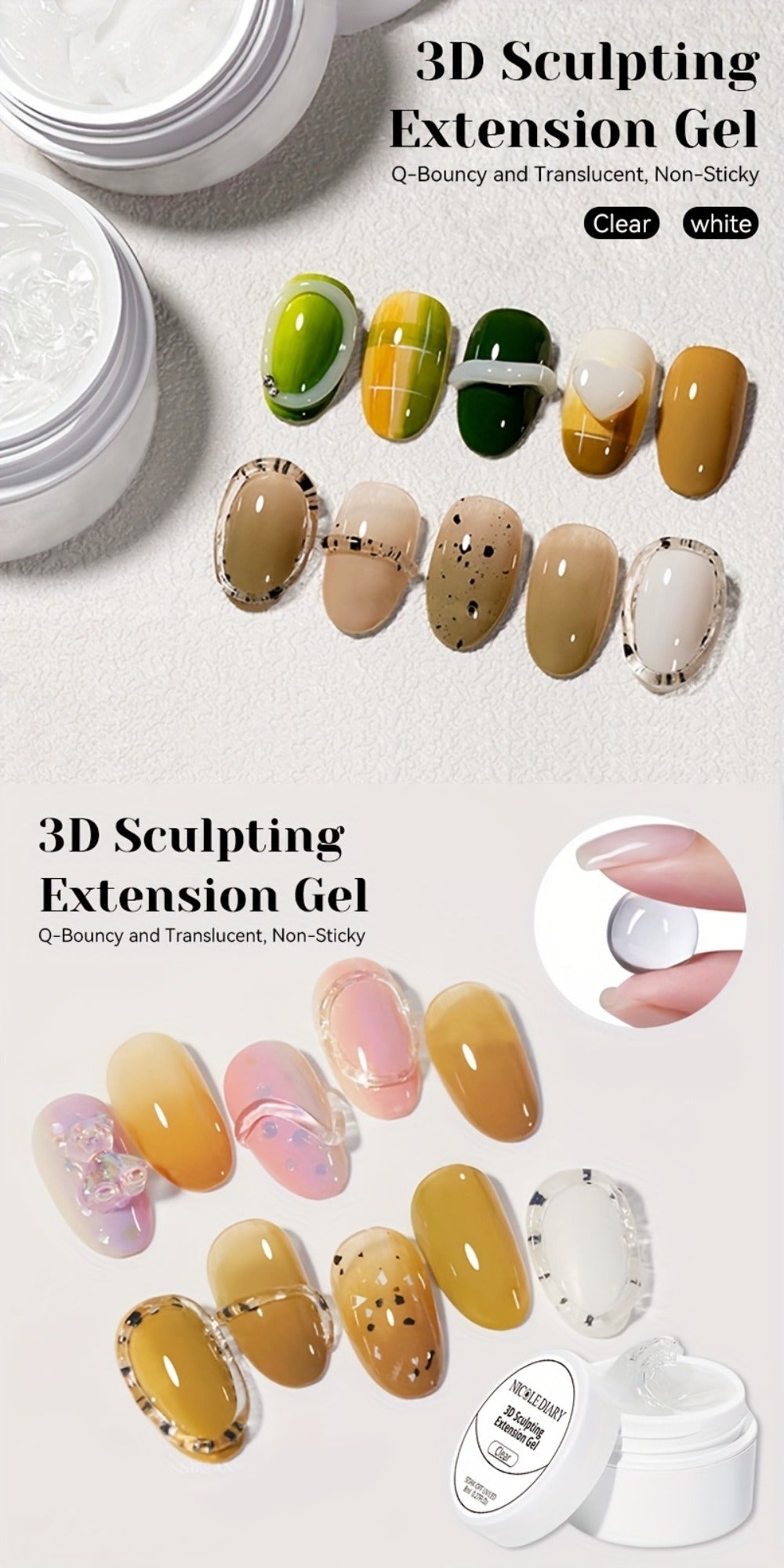 3D Sculpting Builder Gel Kit with Carving Pen — Clear & White Nail Extension Gel for Floral Nail Art, Acrylic Extensions & DIY Salon Manicure, Professional Nail Modeling Gel Set 2pcs or 3pcs for Women