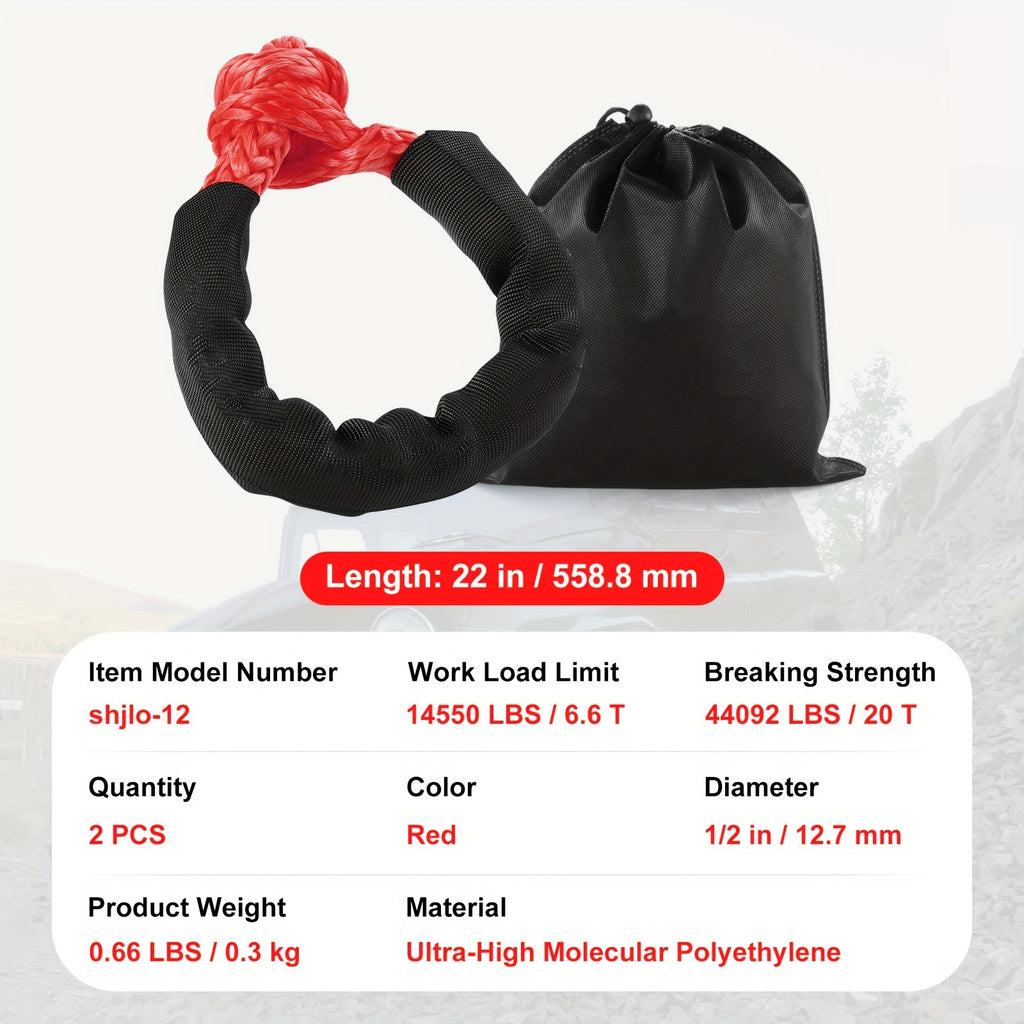 VEVOR Soft Shackle Synthetic Recovery Rope 2PCS 1/2"x22" 44092lbs Break Strength