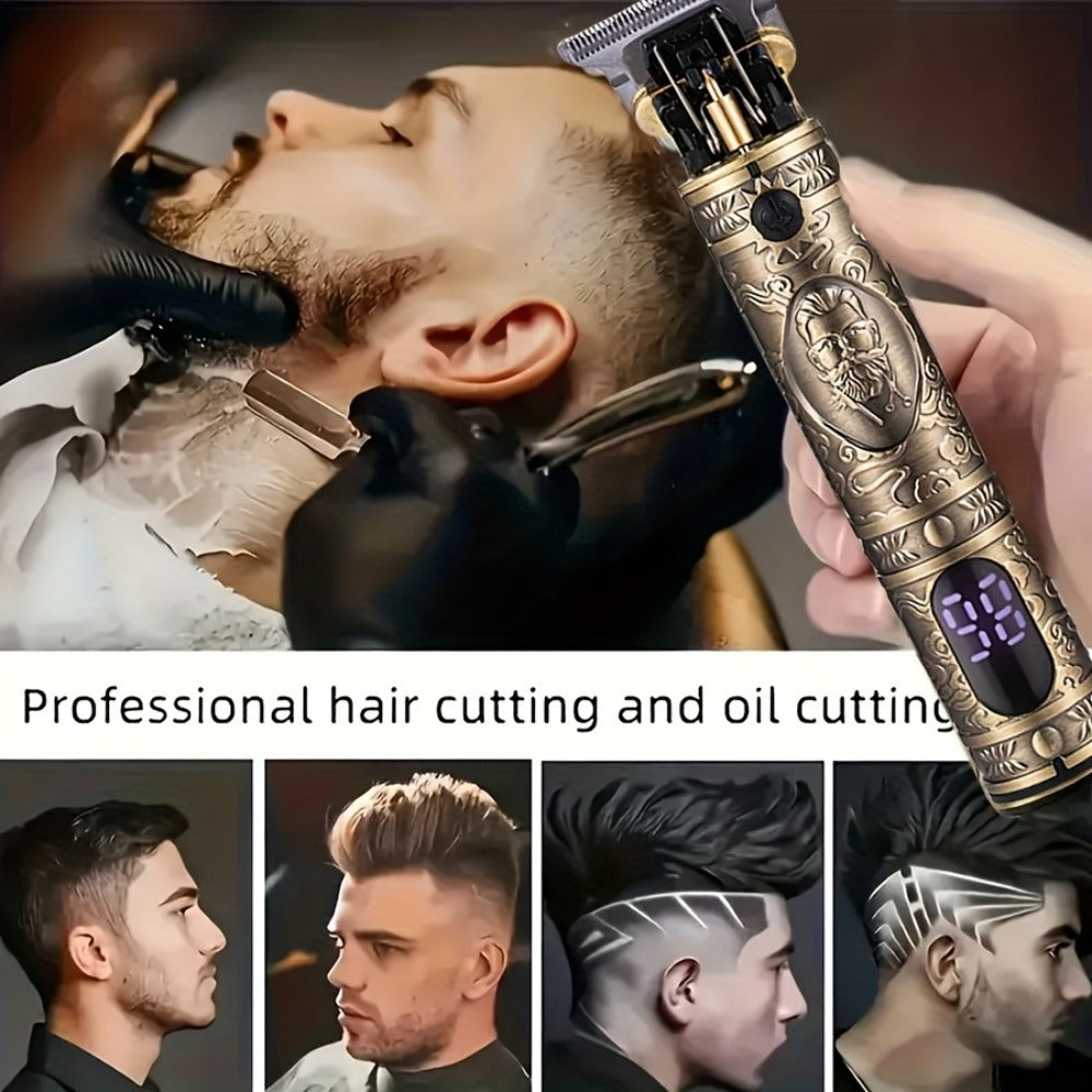 Retro T-Blade Wireless Hair Clipper for Men — Vintage Design Electric Trimmer Set with LED Display USB Charging Multiple Accessories, T9 T10 Models Bronze Gold Black, Grooming Gift for Him