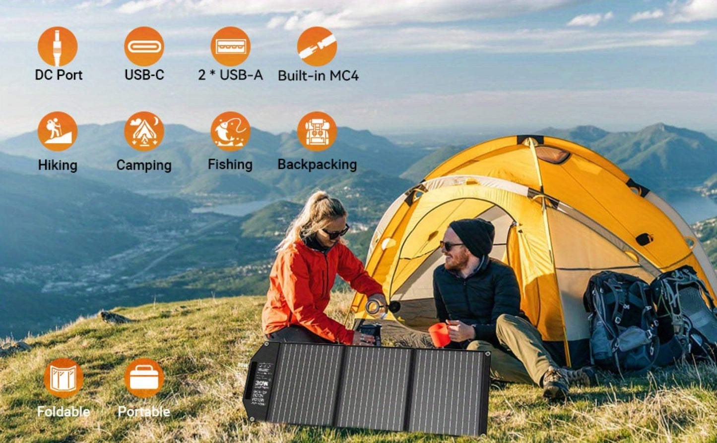 Portable Solar Panel Charger 30W 60W 100W Foldable Camping Solar Charger with 18V MC4 Dual USB-A QC3.0 USB-C PD18W Ports for Camping RV Hiking Outdoor Power Bank Charging