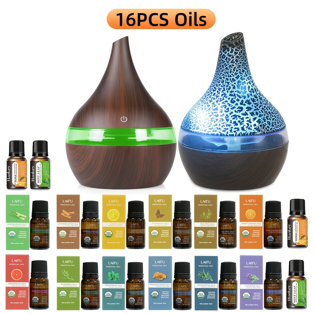 2-Pack Cool Mist Humidifier & Aromatherapy Essential Oil Diffuser – Includes 16 Essential Oils & 7-Color Lights, 10.14oz Home Diffuser Set for Bedroom, Living Room & Office, Black