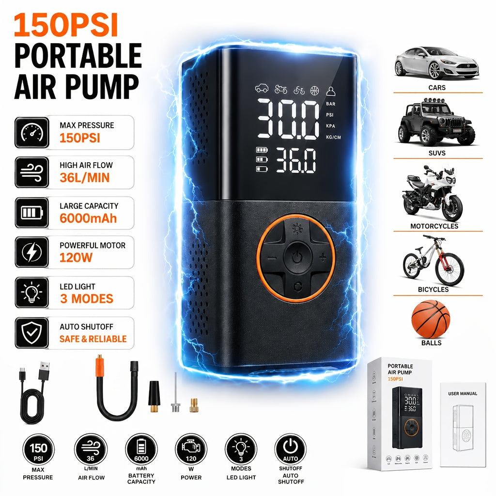 Portable Tire Inflator with Digital Pressure Gauge, Rechargeable Battery, LED Light, Cordless, Suitable for Cars, Motorcycles, Bicycles, And Balls