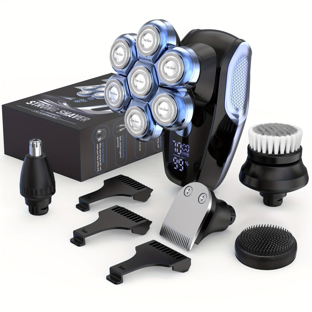 Electric Head Shaver for Bald Men 7D 7 Floating Heads — All-in-One Grooming Kit with Nose Hair Trimmer & Facial Cleaning Brush, 1.5H Fast Charging, Travel Lock, Rechargeable Men's Razor Gift Set (Blue/Black/Gold/Coffee)