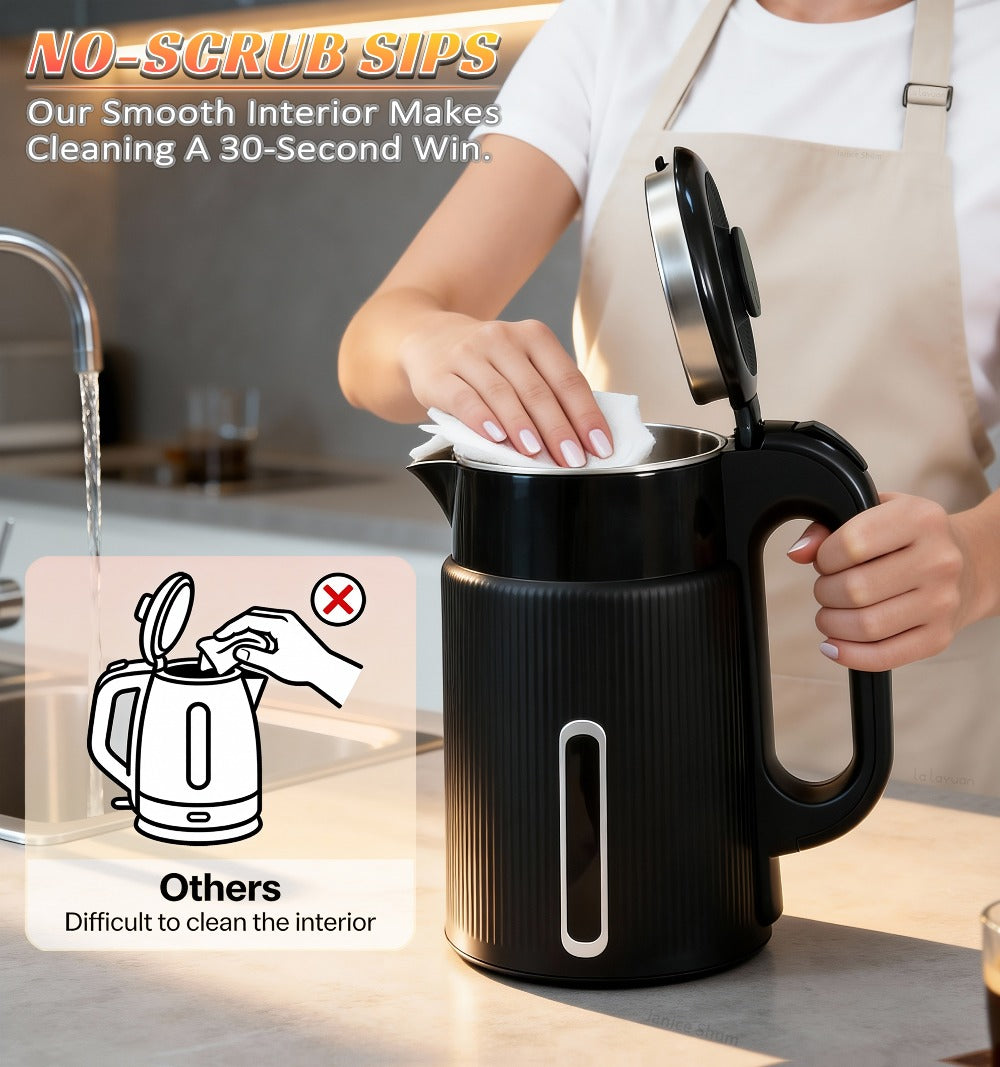 Electric Kettle 1000W Double Wall Stainless Steel – 57.48oz 304 SS Hot Water Kettle with 360° Rotary Base, LED Light, Auto Shut-Off & Boil-Dry Protection, Instant Water Warmer for Coffee & Tea – Black