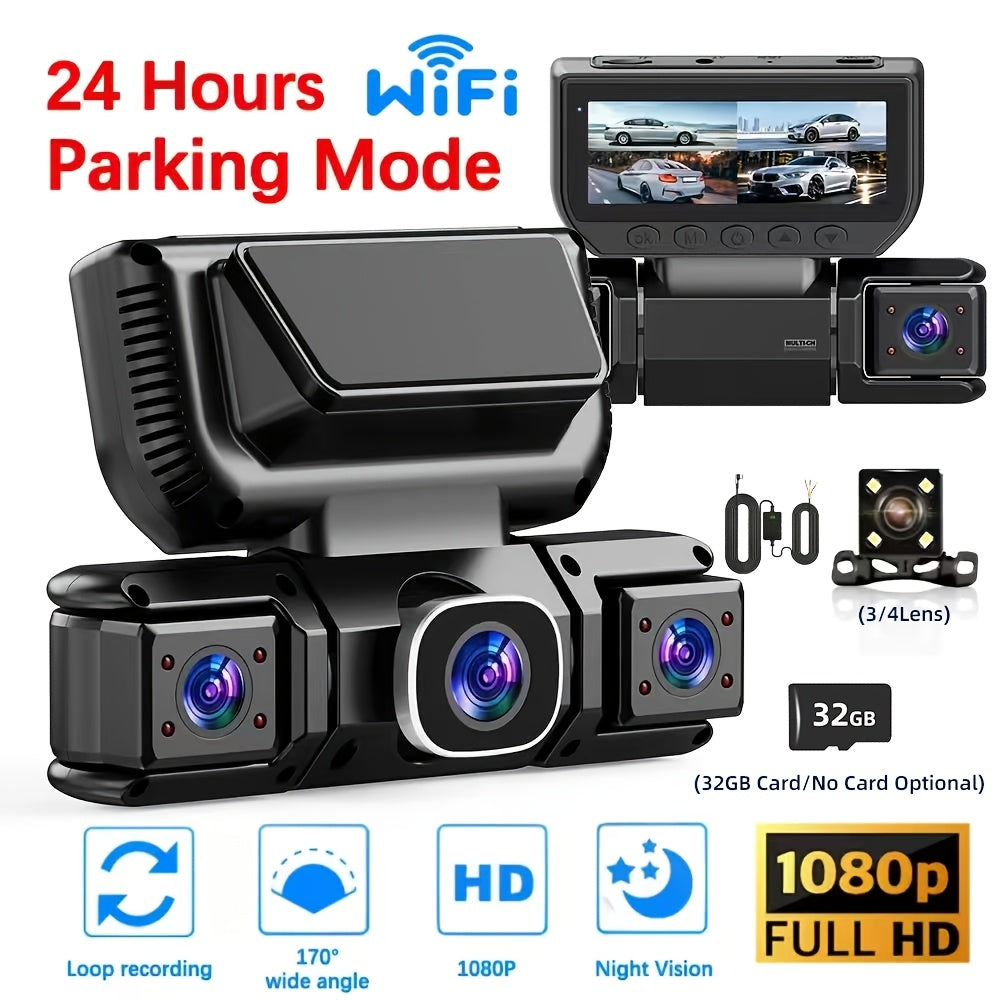 360° 3/4 Lens Dash Cam USA, 4 Channel Front/Rear/Left/Right Recording, Night Vision, 3.16" IPS Screen with Wifi, G-Sensor, Parking Mode, 32GB Card Optional/No Card