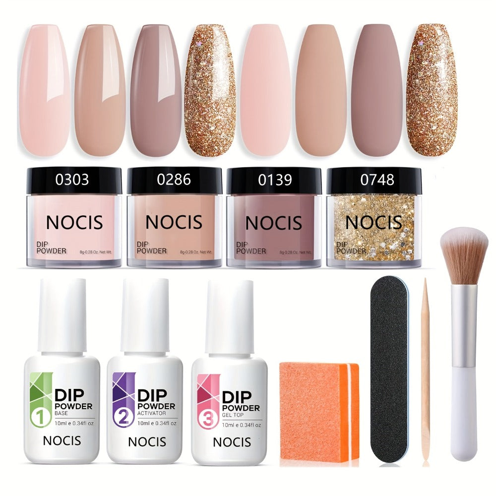 Dip Powder Nail Kit 11 Piece Complete Starter Set 4 Colors Nude Skin Tone Golden Glitter Acrylic Dipping Powder with Base Coat Top Coat & Activator - No Lamp French Nail Art Manicure Gift Set