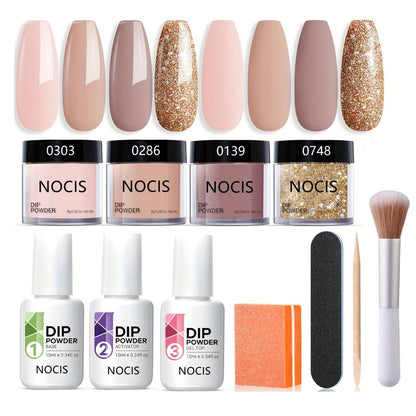 Dip Powder Nail Kit 11 Piece Complete Starter Set 4 Colors Nude Skin Tone Golden Glitter Acrylic Dipping Powder with Base Coat Top Coat & Activator - No Lamp French Nail Art Manicure Gift Set