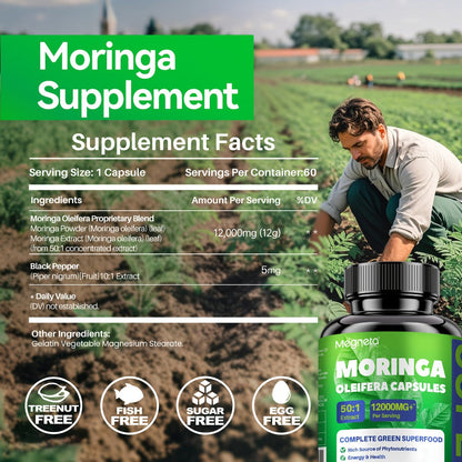 Organic Moringa 12000mg Capsules - Pure Superfood Supplement for Energy, Skin Health, Gut Health & Immune Support - Antioxidant-Rich Plant-Based Daily Wellness Capsules 60 Count