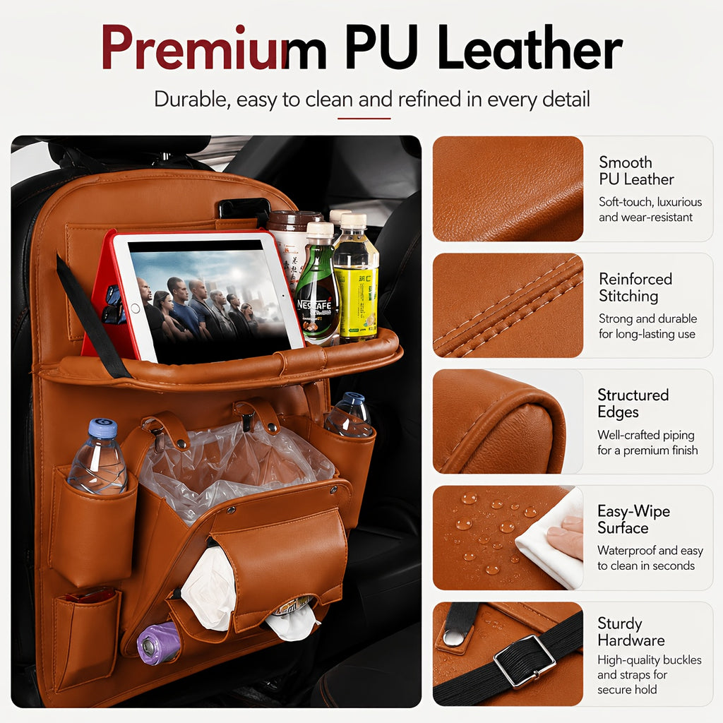 QIANKUNBAG Car Back Seat Organizer with Foldable Tray Interior Tissue Holder, Footrest Protector, And Multi-Pocket Hanging Storage Bag - Durable PU Fabric for Shopping & Essentials Car Seat Organizatio(Pink Black Grey Brown Beige)