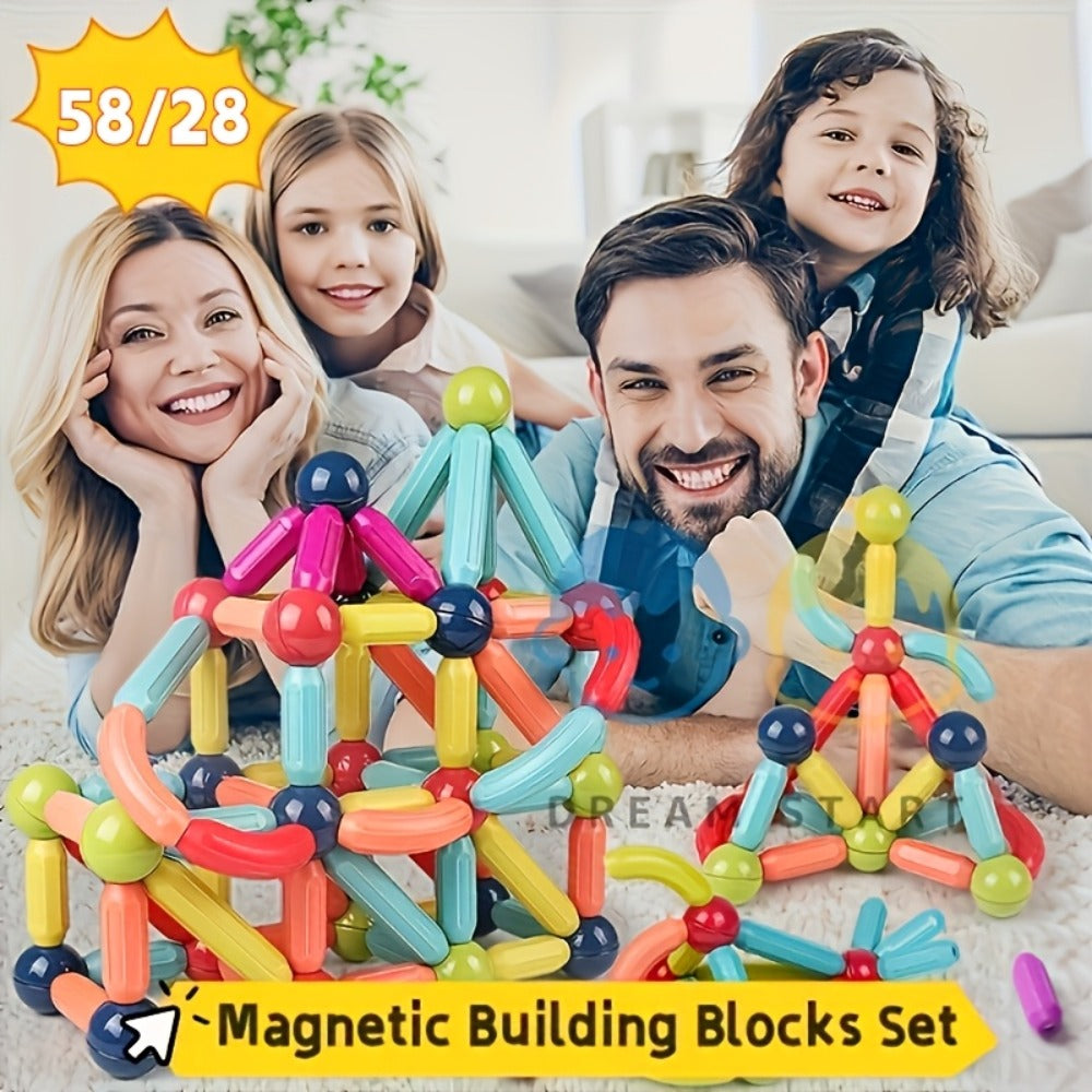 Magnetic Sticks Building Set 28 58 Pcs – 3D STEM Construction Toy for Kids Ages 3+ Build Towers Animals Shapes Creative Imagination Family Classroom Group Play Birthday Christmas Gift
