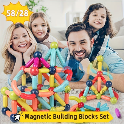 Magnetic Sticks Building Set 28 58 Pcs – 3D STEM Construction Toy for Kids Ages 3+ Build Towers Animals Shapes Creative Imagination Family Classroom Group Play Birthday Christmas Gift