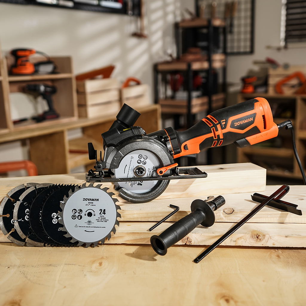 4.5 Inch Mini Compact Circular Saw with Laser Guide, Dual Metal Side Handle Stable Control, 5.2A 7000RPM Power Saw, 43mm Max Cutting Depth, 6 Extra Saw Blades Included, Cuts Wood, Plastic, Soft Metal, Tile. Perfect DIY Power Tool Gift