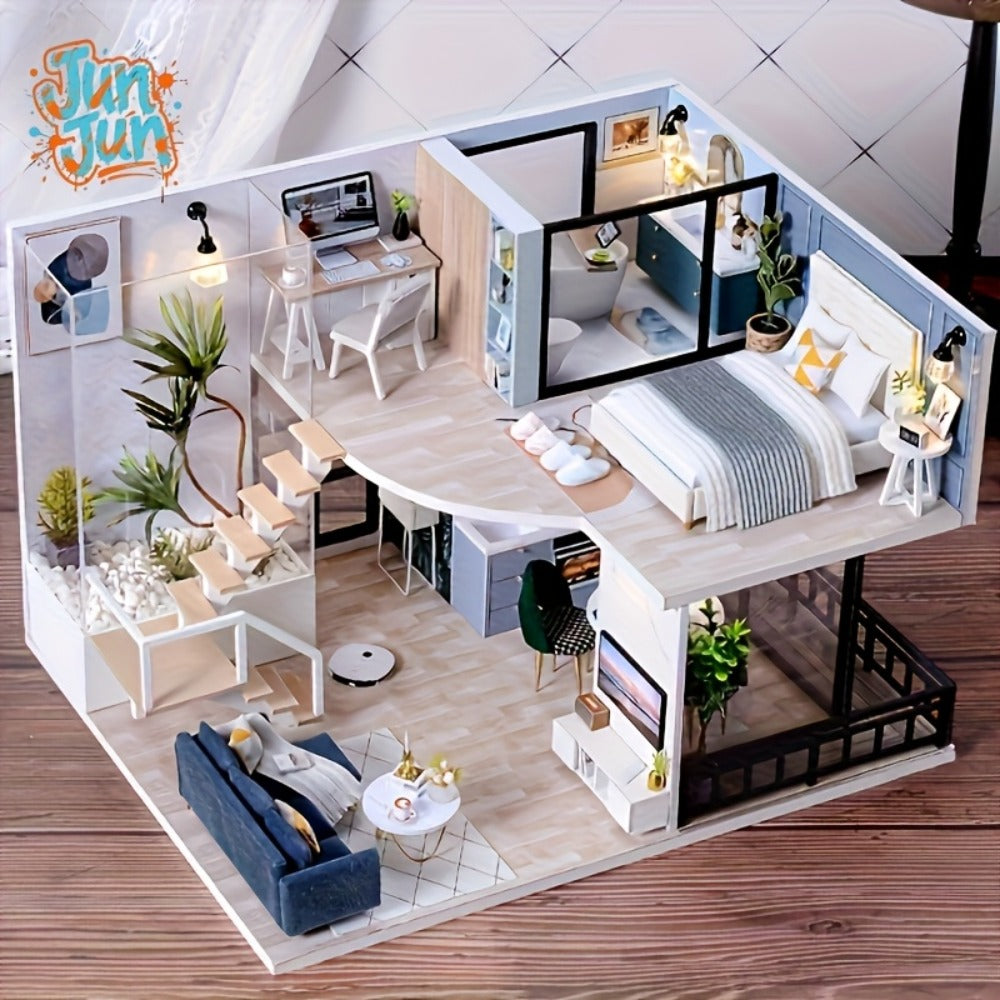 Double Story Wooden Cottage 3D Puzzle Model Kit with Furniture & Tools – No Glue No Battery DIY Handmade Apartment House Assembly Relaxing Craft Gift for Adults Teens Men Women Birthday Holiday