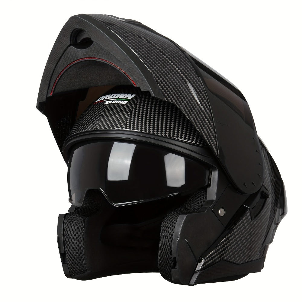 Carbon Fiber Pattern Motorcycle Helmet – Modular Flip-Up Full Face Helmet, Lightweight Motorbike Helmet for Men & Women, Street Riding Safety Helmet M/L/XL