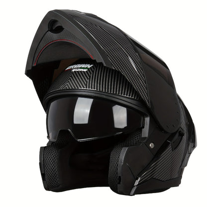 Carbon Fiber Pattern Motorcycle Helmet – Modular Flip-Up Full Face Helmet, Lightweight Motorbike Helmet for Men & Women, Street Riding Safety Helmet M/L/XL