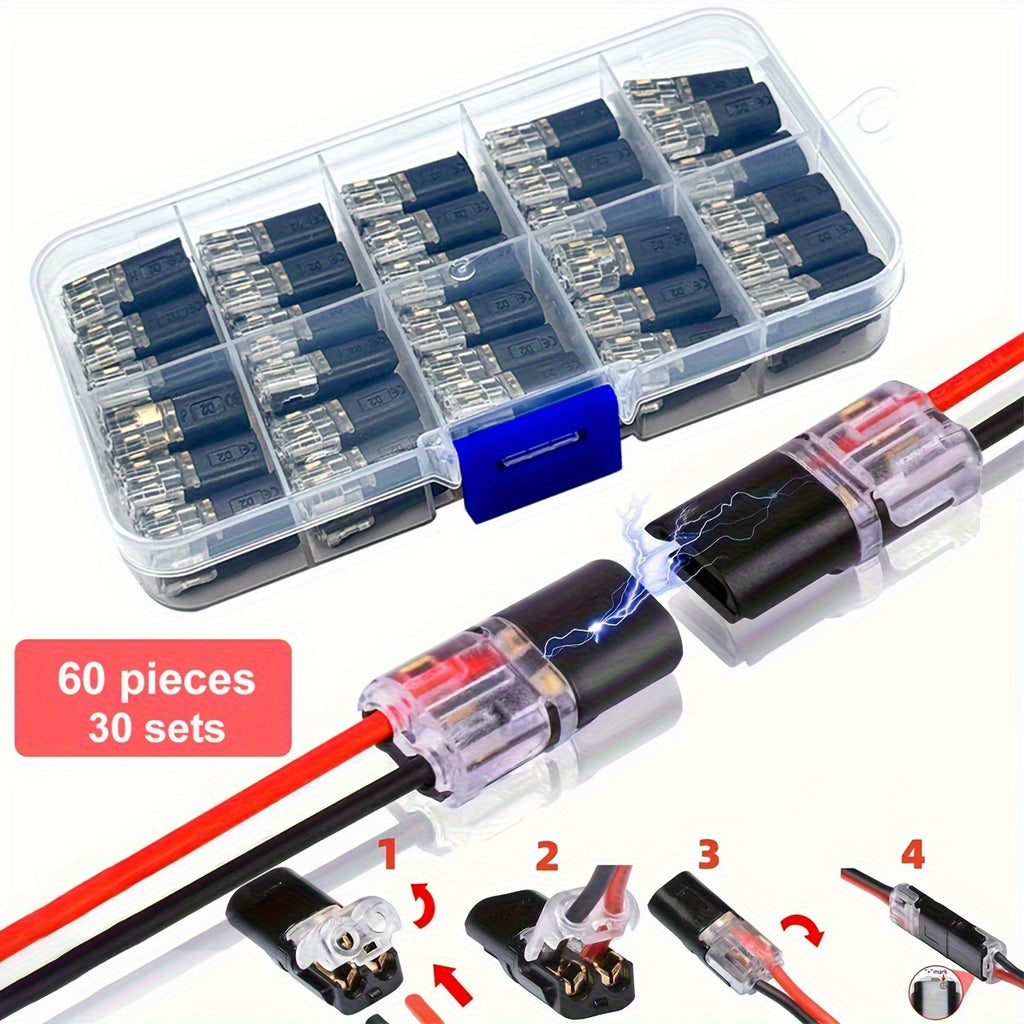 12pcs/ 60/72pcs Dual Line Plug-in Connector, 2-pin 2-port, PVC Insulation, Copper Contact Material, Quick Connect Terminal, No Charge Power Mode, with Locking Buckle, Used for Connecting LED Wires to Cars and Homes