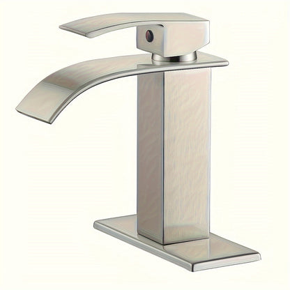 Waterfall Bathroom Sink Faucet, Single Hole or 3-Hole Mixer Tap with 6" Deck Plate, Ceramic Valve, Vanity Faucet for Farmhouse RV Bathroom, Brushed Gold Matte Black Nickel Chrome