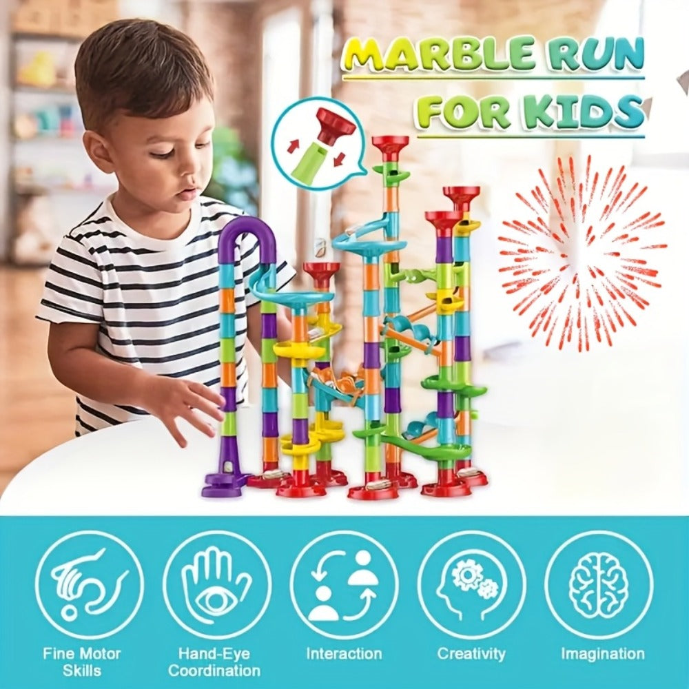 Marble Run Set Building Blocks for Kids 112/147pcs with Glass Marbles – STEM Marble Race Track Construction Toy Logic Hand-Eye Coordination Learning Game, Best Birthday Gift for Boys & Girls Ages 4+