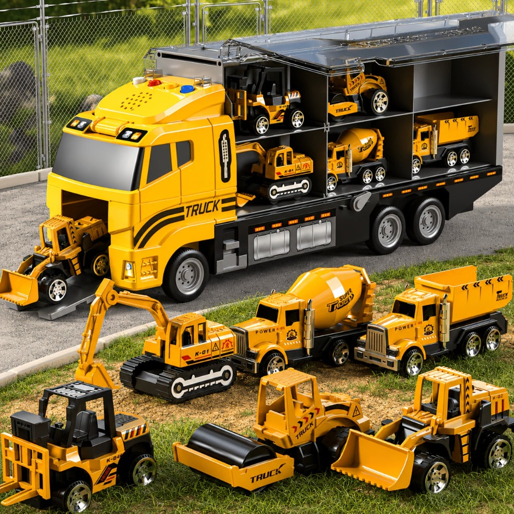 13-in-1 Construction Truck Vehicle Toy Set with Die-Cast Metal Cars & Play Mat – Transport Carrier Playset for Toddlers & Kids Ages 3+ STEM Learning Gift Boys Girls