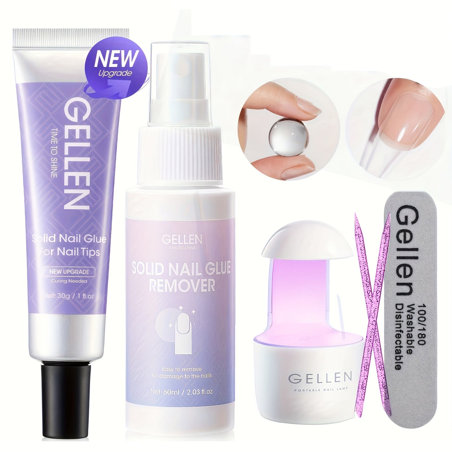 Press-On Nail Glue Gel Kit 30g with UV Lamp - Strong Long-Lasting Solid Nail Glue, 60ml Remover & Buffer for False Nails, Nail Tips & Rhinestones, Lasts 15-30 Days