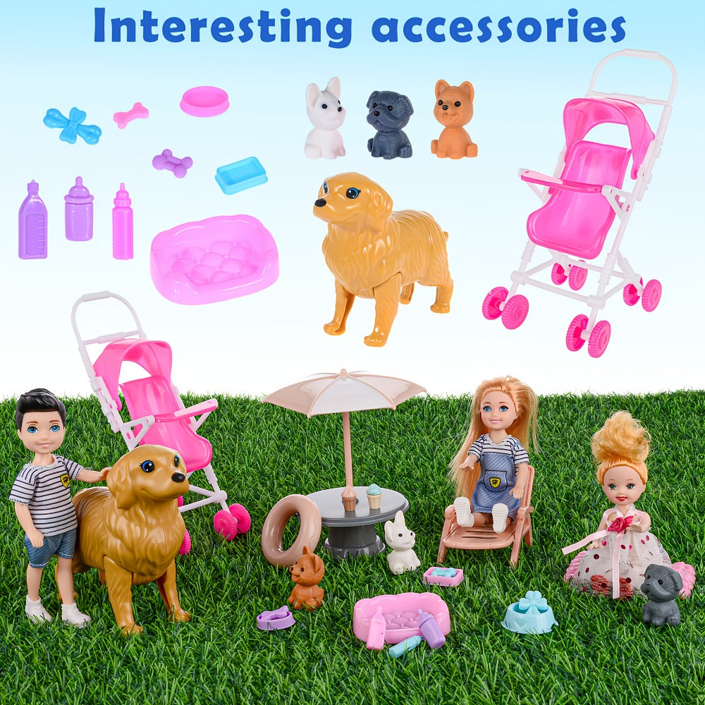 Family Doll Set with Pets & Accessories – 6 Poseable Collectible Dolls with Puppies, Handcart & Changeable Clothes, Pretend Play Family Figures, Holiday & Birthday Gift for Kids Ages 3+