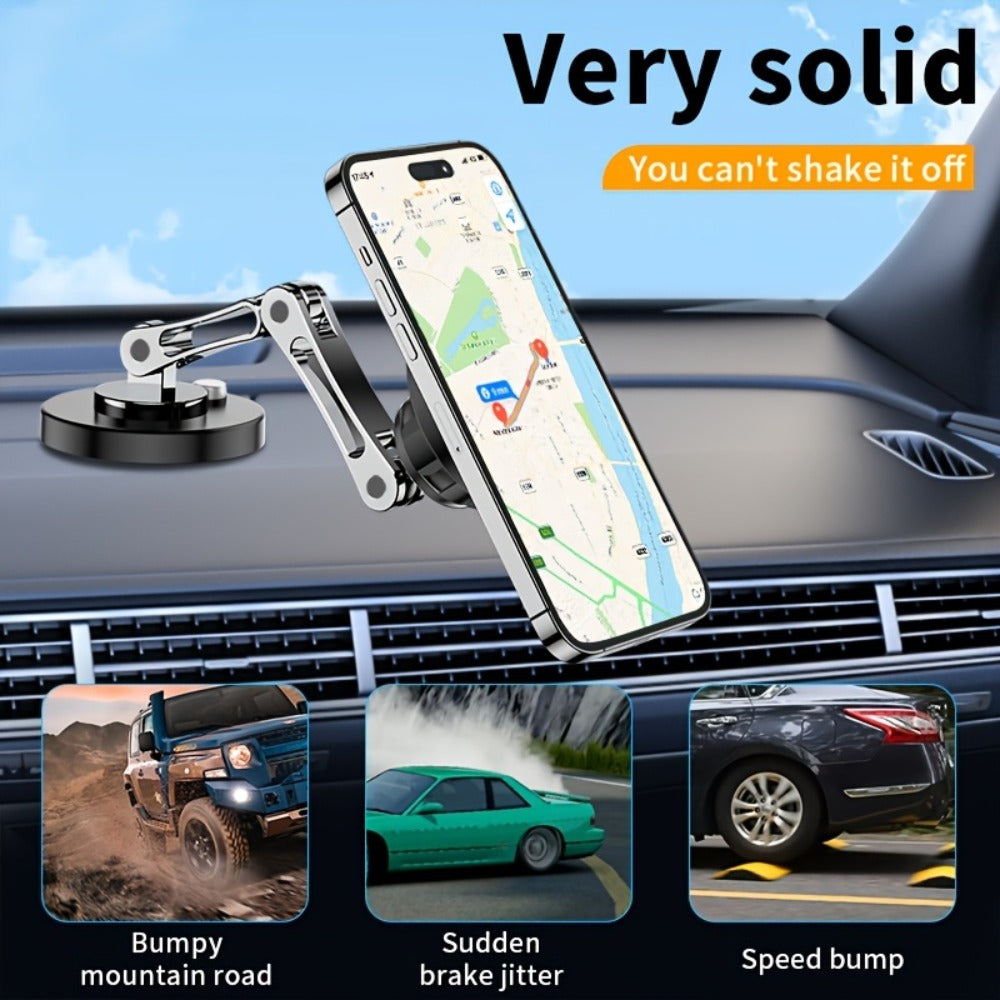 Magnetic Car Phone Mount 15W Wireless Charging – 360° Rotation, Foldable Stand, Super Magnetic Grip, Universal Fit for iPhone 12+ & Android Smartphones, No Battery Required