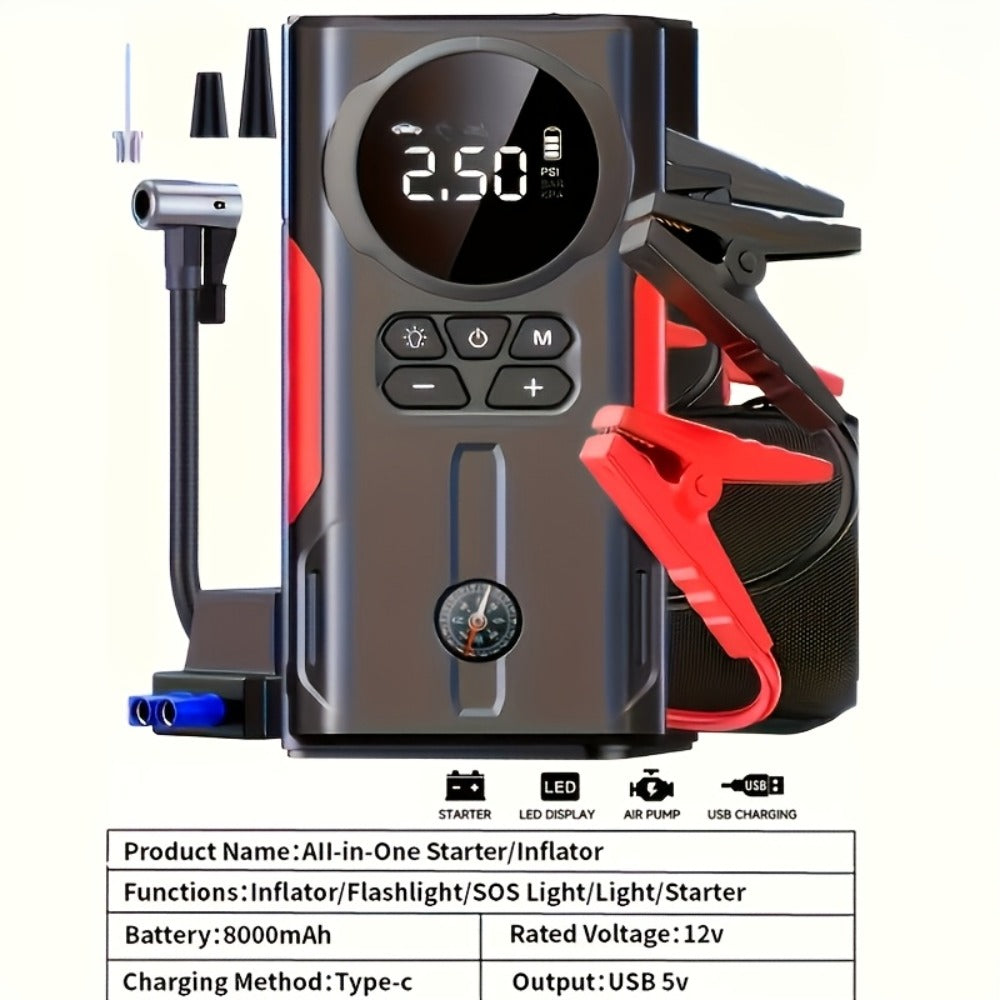 Upgraded 7-in-1 Portable Car Jump Starter – Multifunctional Emergency Battery Booster for 12V Vehicles Up to 2.64gal Gas / 2.38gal Diesel, LED Emergency Light, Available with or without Air Pump