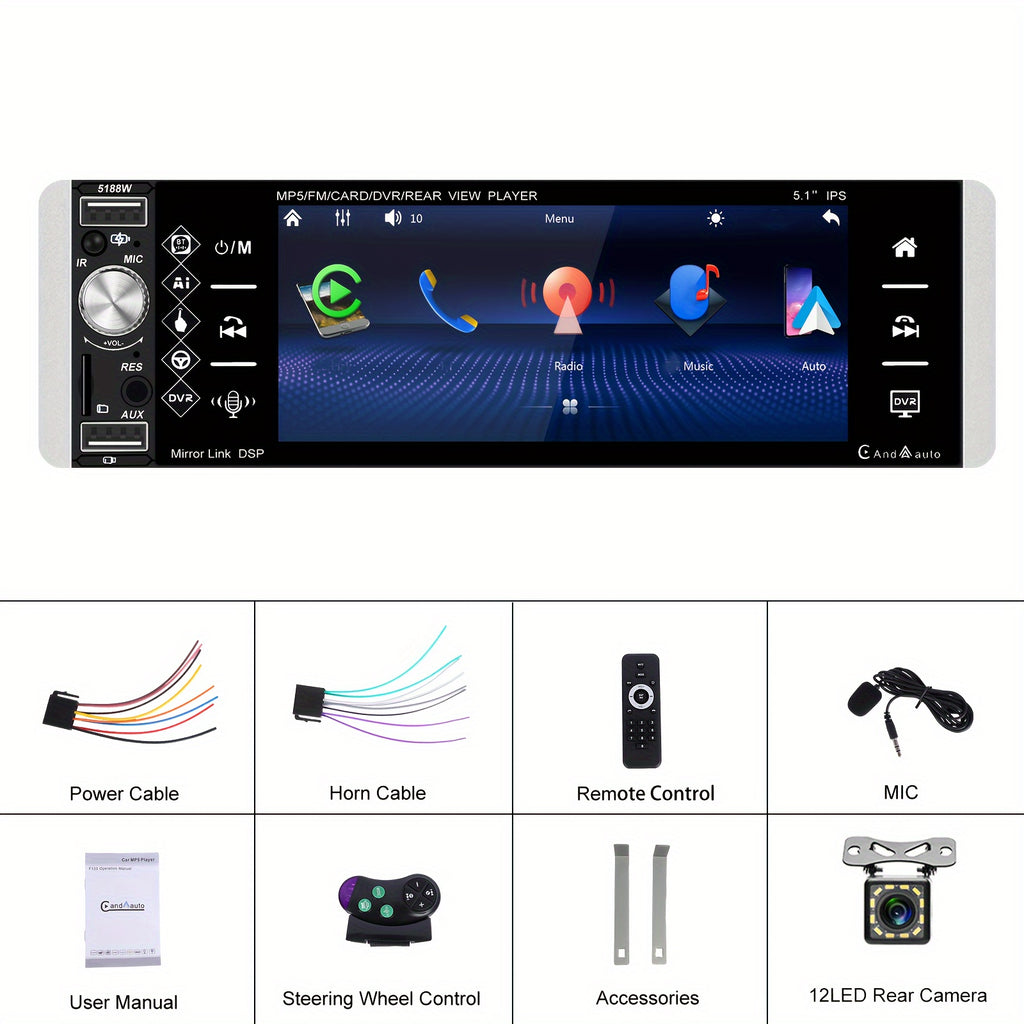 5.1 Inch Wireless Carplayer Car Stereo Single Din Touch Screen Car Radio with Wireless, Wireless Android Auto Mirror Link AM FM EQ SWC, Car Audio Receiver with USB/TF/AUX-in, Mic, Backup Cam