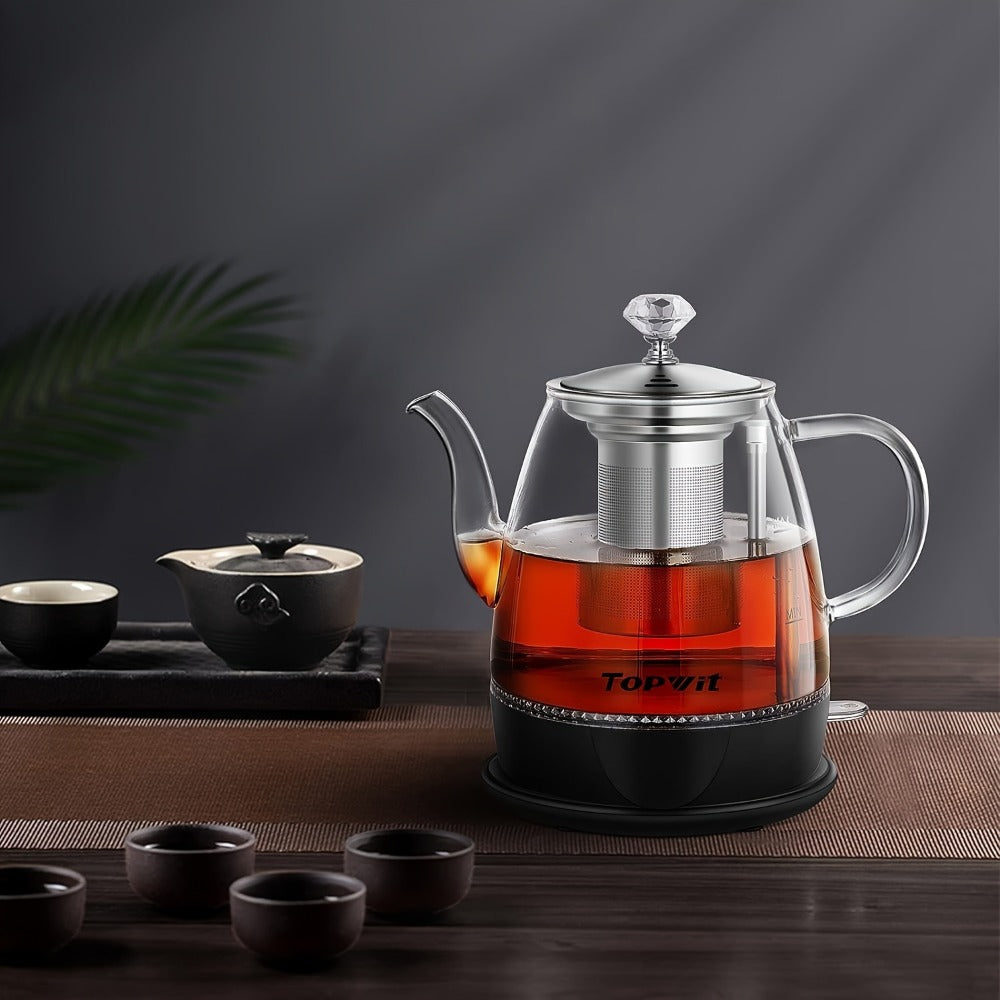 Pour Over Glass Electric Kettle with Removable Stainless Steel Tea Infuser – 1L 33.81oz BPA-Free Dual-Purpose Hot Water Kettle for Tea & Coffee, Auto Shut-Off & Boil-Dry Protection, Elegant Countertop Design