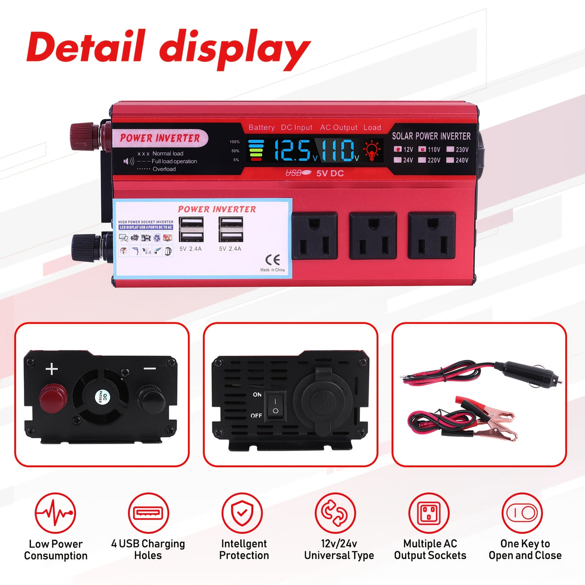 5500W Peak Power Inverter, Car Pure Sine Wave Inverter DC 12V to AC 110V, with LCD Digital Display And 4 USB Ports, 3 US Sockets, Fast Charging for Vehicles Trucks Rvs And Outdoor, Without Battery